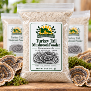 Mendham Mushrooms Turkey Tail Mushroom Powder 2 oz resealable pouch with corrected front label and no printed price