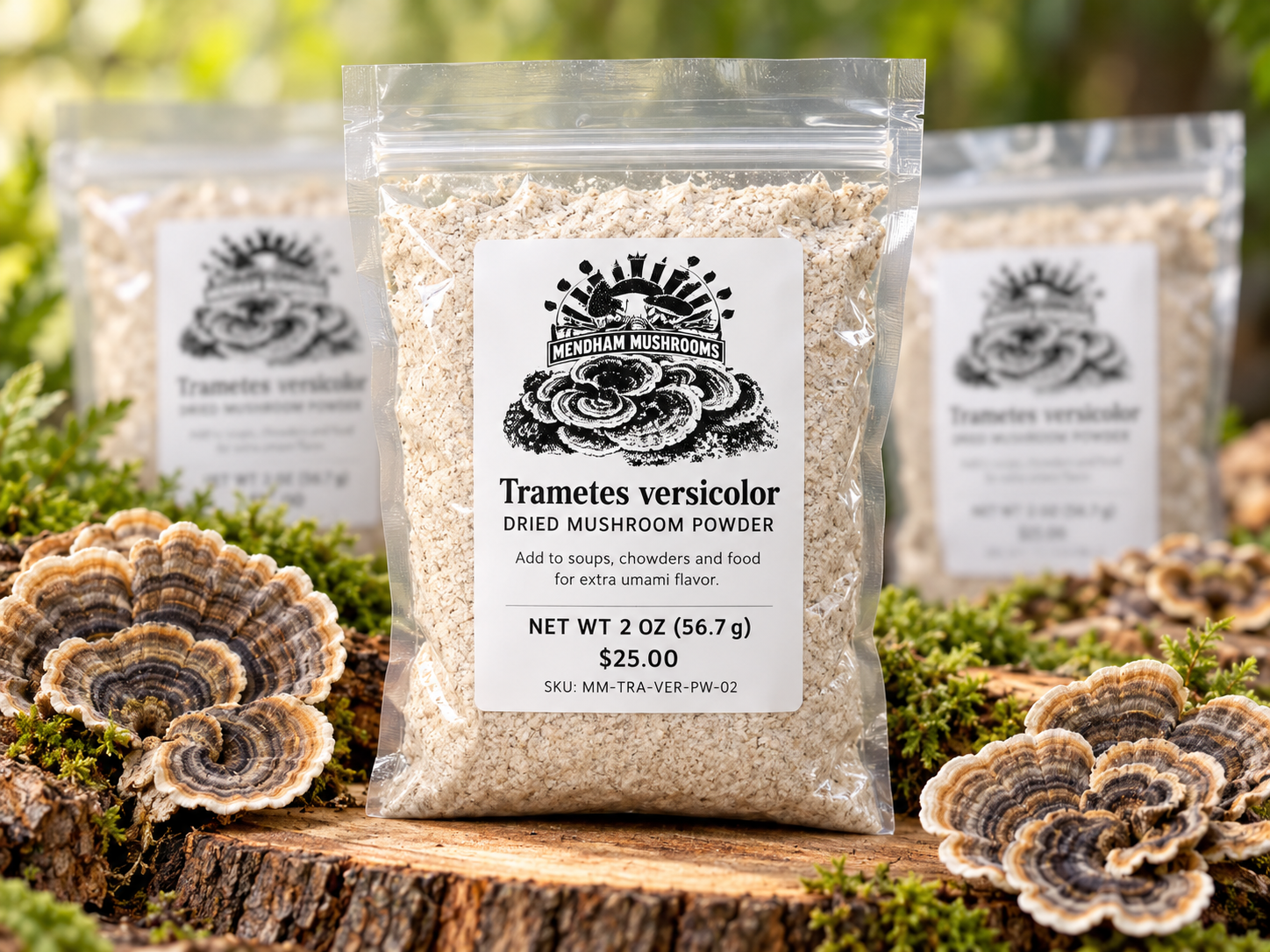 Mendham Mushrooms Trametes versicolor dried mushroom powder in 2 oz pouch