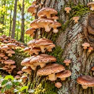 Fresh Shiitake mushrooms with brown caps and pale gills